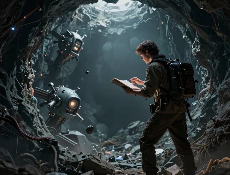 A sleek, futuristic office space bathed in soft light blue hues, with robotic arms visible through glass walls.