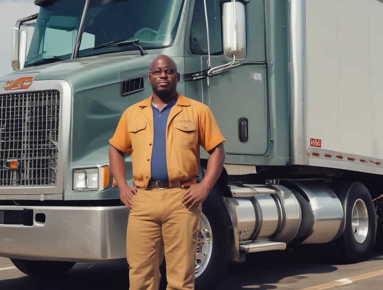 Close-up image of a professional truck driver in JDS Logistics uniform smiling confidently.