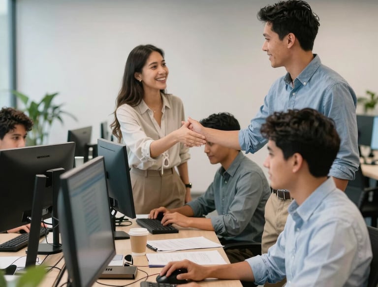 A friendly team of IT professionals collaborating in a modern office space.