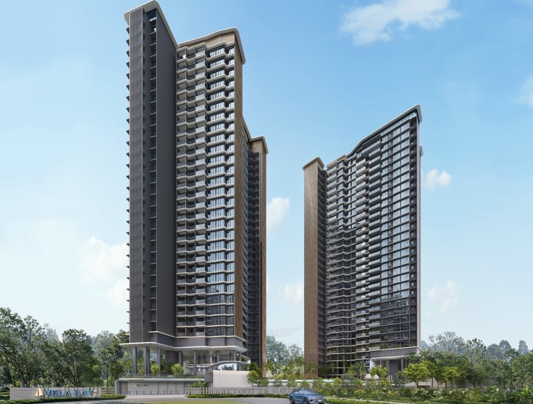 Modern luxury high-rise condominium towers with glass balconies and lush green landscaping.