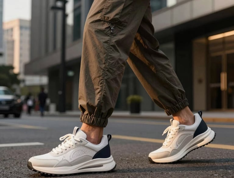 Happy customer walking confidently on a city street wearing stylish Stridelux shoes.