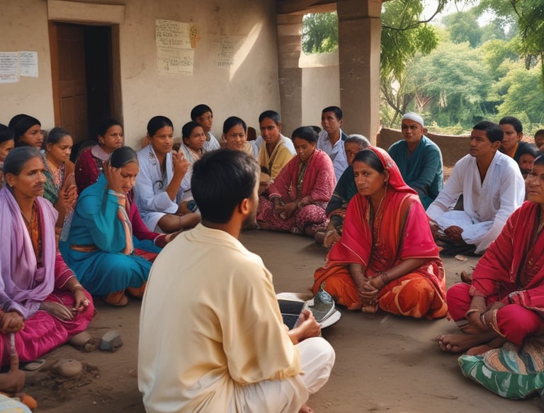 A group of women and children participating in a community health workshop outdoors.