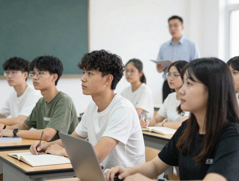 A diverse group of students and educators collaborating in a modern classroom setting.