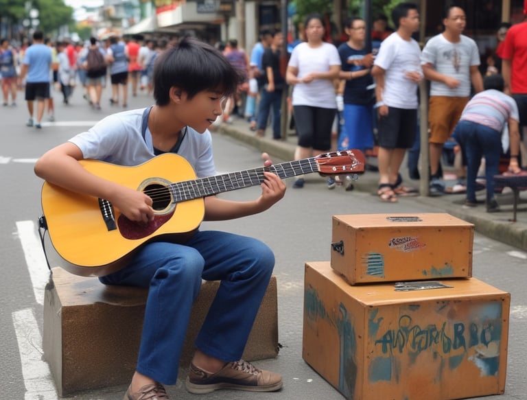 Close-up of Messa Busker’s hands skillfully strumming an acoustic guitar with a vibrant market scene behind.