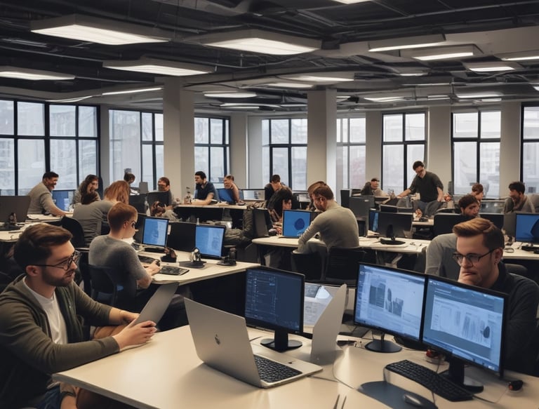 Team of developers collaborating over laptops in a modern office space.