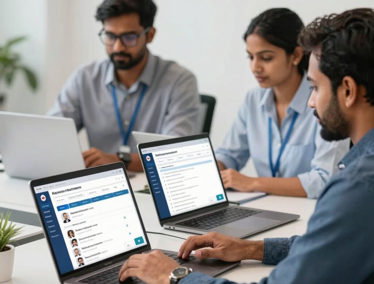 Professional team collaborating in a modern office with Delhi cityscape visible through large windows.