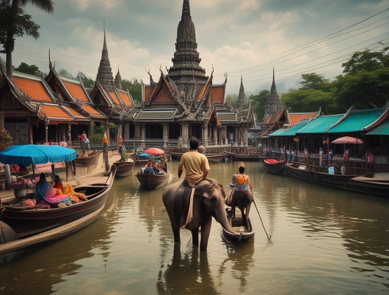 A vibrant coastal village in Krabi with traditional boats and turquoise sea