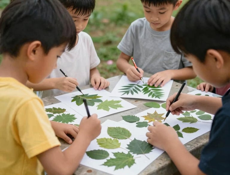 Group of children outdoors tracing green leaves on paper during a nature craft activity.