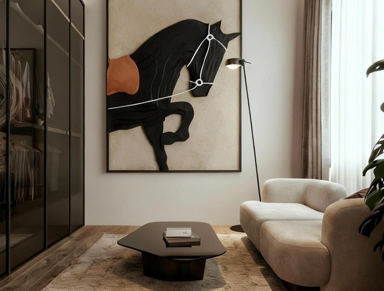 Elegant living room interior with custom modular furniture and decorative wall panel - Amuk Modular