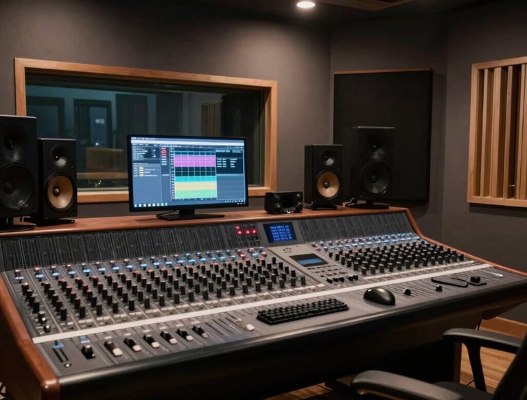 Cinematic professional recording studio with dark charcoal tones, subtle warm lighting, premium musi
