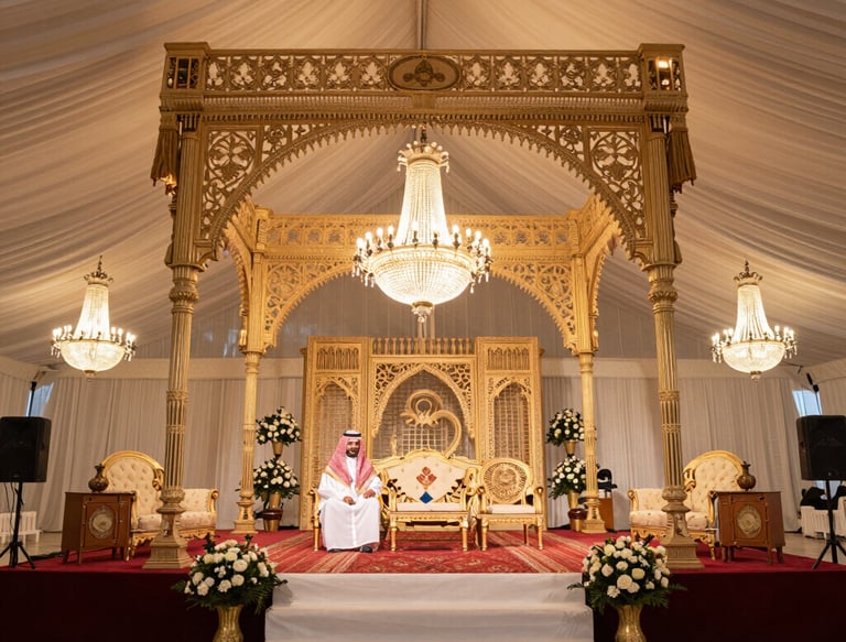 A joyful Saudi family celebrating a wedding with traditional decorations.