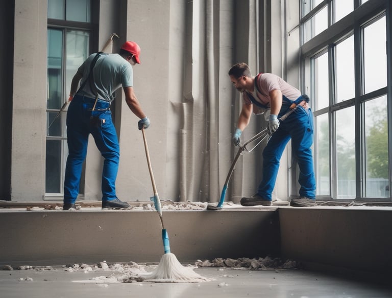 A professional team in uniforms performing building maintenance tasks outdoors.