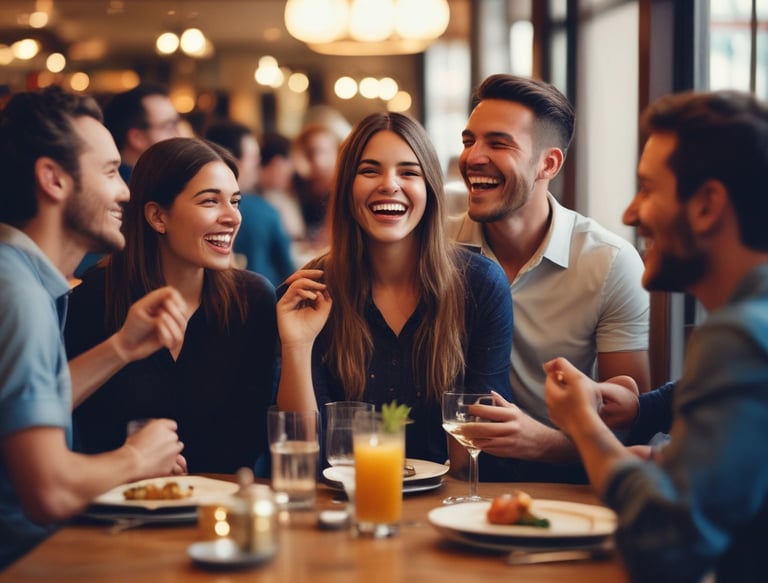 Interior shot of a bustling restaurant with smiling staff and satisfied guests.