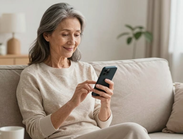 A cozy living room scene with soft lighting, showing a senior reading a text message on a simple phone.