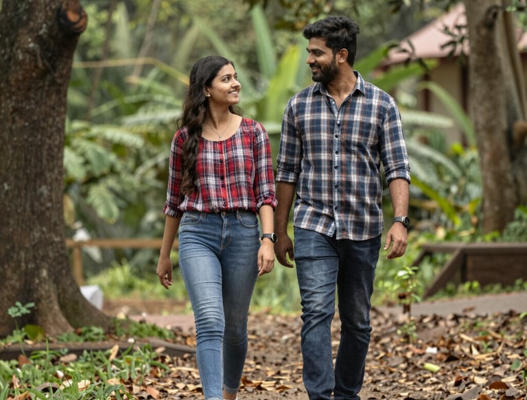 A happy couple enjoying a peaceful morning walk along the riverbank near the bungalows.