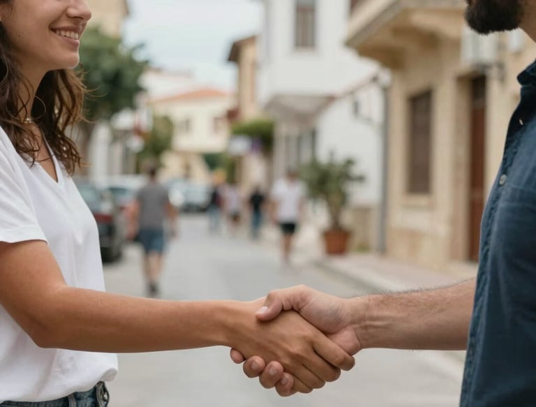 A warm handshake between a real estate agent and a happy Israeli client in a sunny Cypriot neighborhood.
