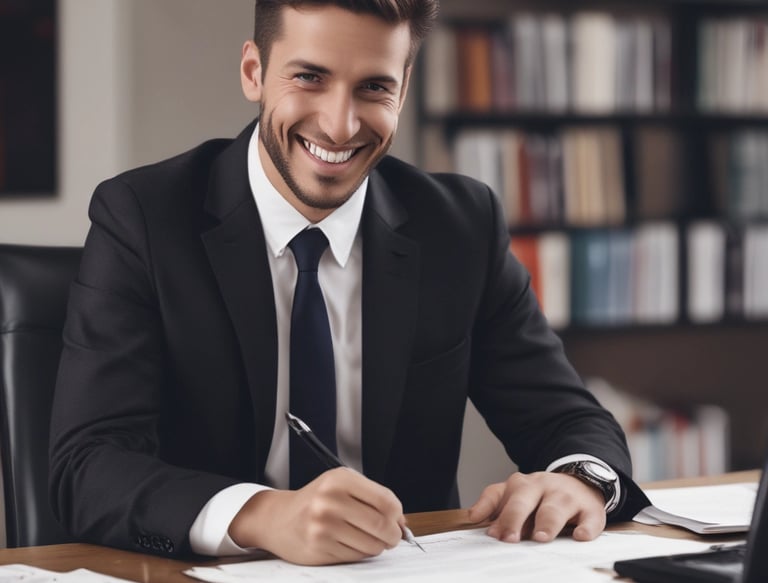 A friendly professional assisting a client with digital signature paperwork in a cozy office.