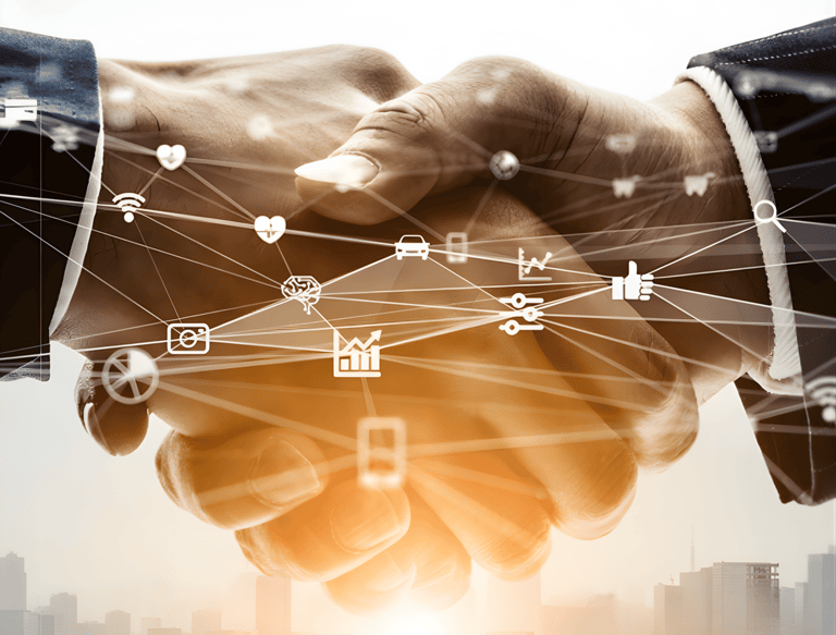 Professional handshake overlay with digital technology network icons representing business connectivity and innovation.