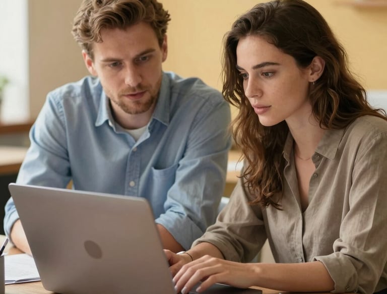 Dwie osoby - kobieta i mężczyzna pracują przy laptopie w biurze