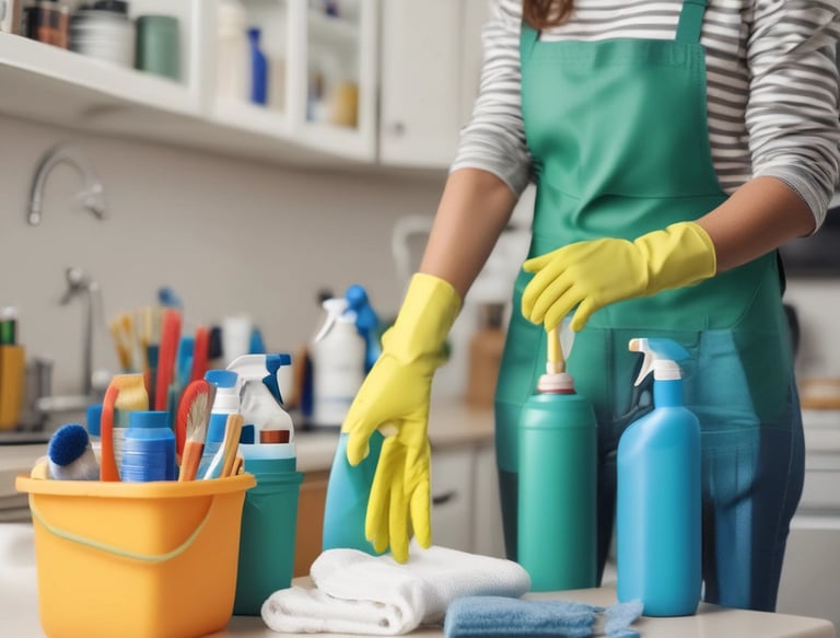 A bright, cheerful team of two women in cleaning uniforms smiling while holding cleaning supplies in a sunlit apartment.