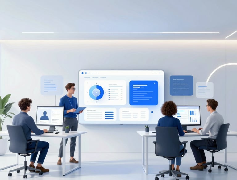 A sleek workspace with a laptop showing a modern website design in progress, bathed in soft blue light.