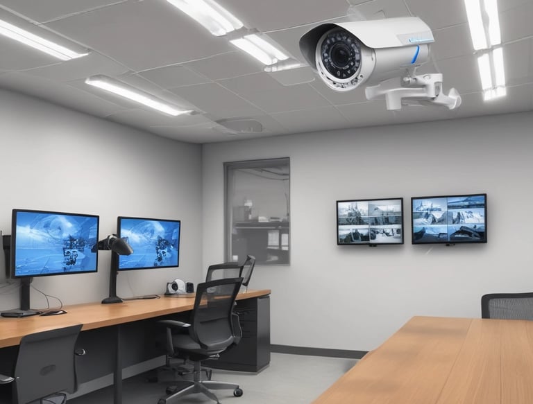 A team of IT professionals installing CCTV in a modern office.