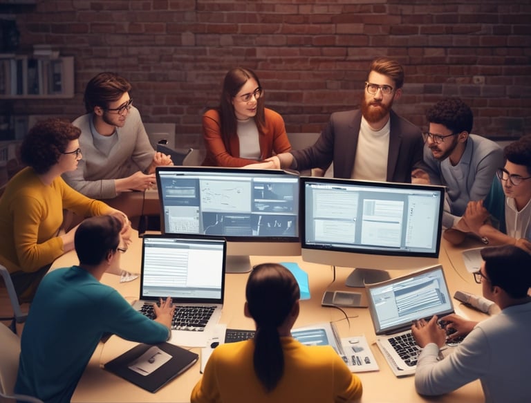 Team collaborating over marketing plans in a bright, modern office space.