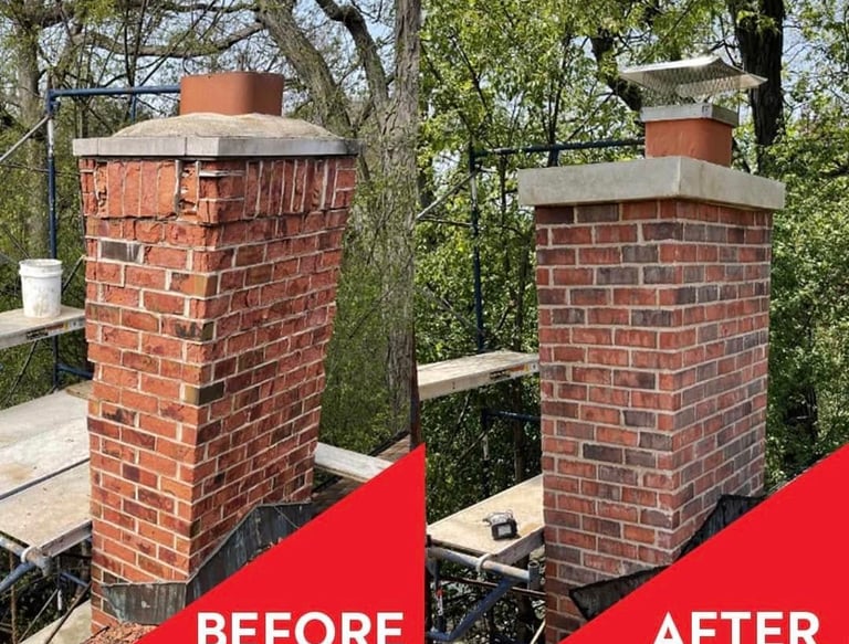 Before and after comparison of a professional brick chimney repair and masonry restoration project.