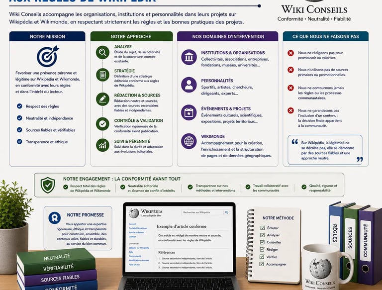 Infographie présentant l’approche de Wiki Conseils fondée sur la conformité aux règles Wikipédia
