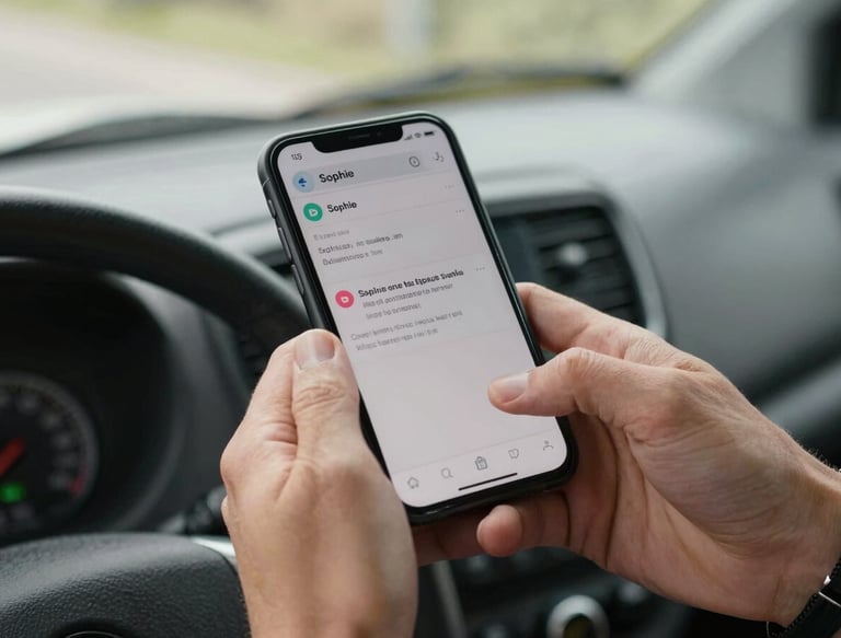Close-up of hands holding a smartphone over a clean utility van dashboard, showing a structured SMS lead notification from Sophie with Belgian postal code details, warm natural daylight.