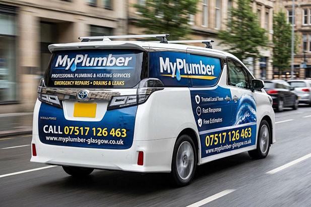 My Plumber Glasgow branded van driving through city streets for emergency plumbing service