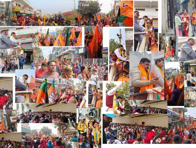 A collage showing Bharatiya Janata Party (BJP) supporters at political rallies with saffron flags and orange scarves.