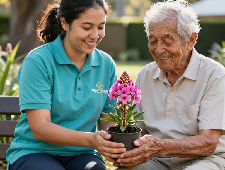 Hands gently holding a blooming heart-shaped flower symbolizing care and growth.