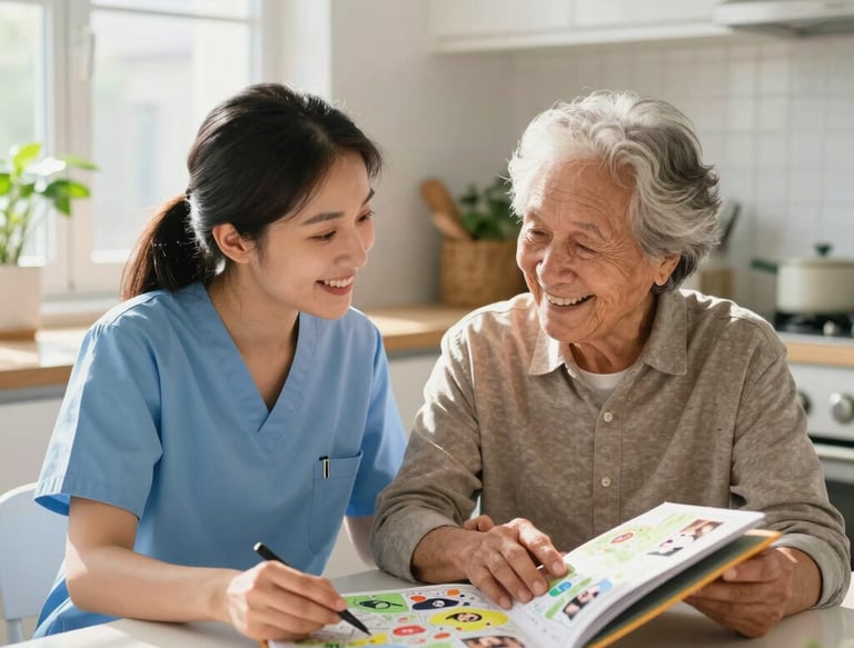 A smiling home health care nurse assisting a senior woman with a memory care activity book.