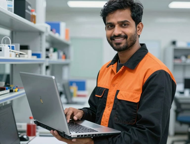 Smiling technician in a futuristic black and orange uniform holding a repaired laptop in a clean, high-tech repair lab.