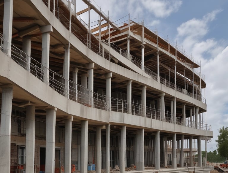Construction workers collaborating on a building site with blueprints in hand.
