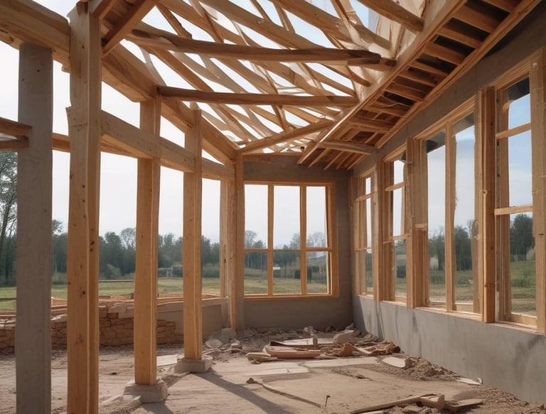 A skilled builder carefully measuring wood beams on a sunny construction site.