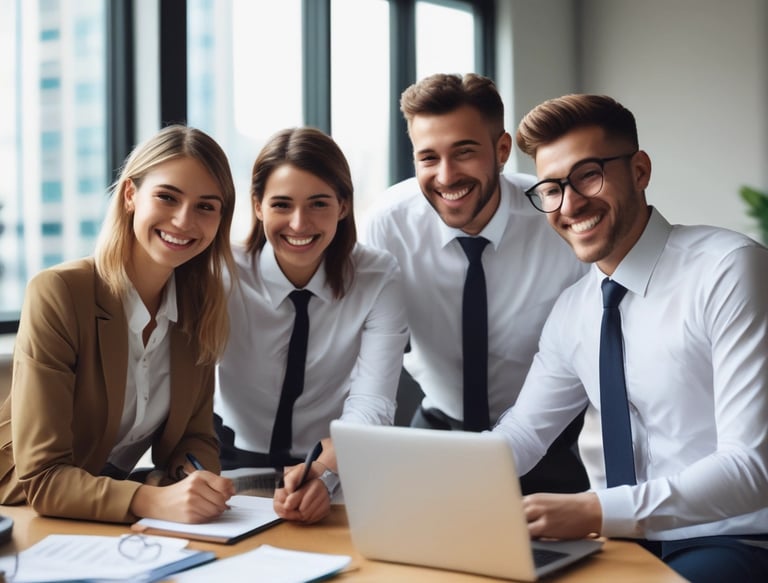 A friendly team of IT professionals collaborating in a bright, modern office with green accents.