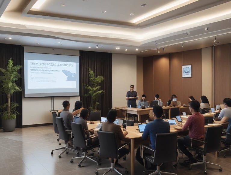 Modern training room with professionals attending a customs and trade workshop