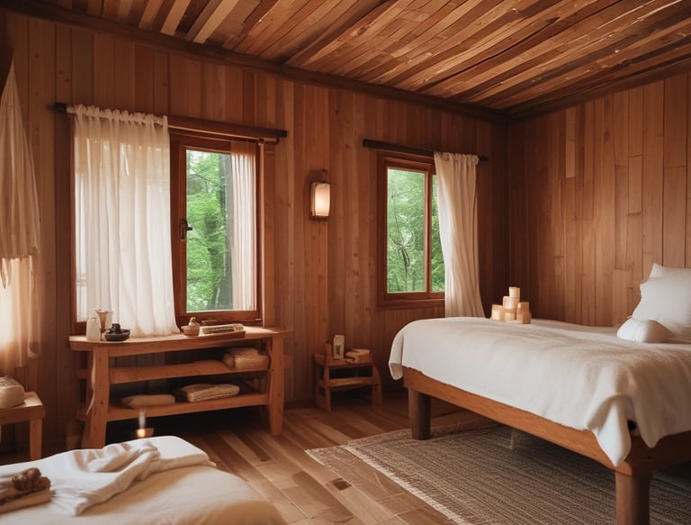 Close-up of hands gently massaging shoulders with a calming green plant in the background.