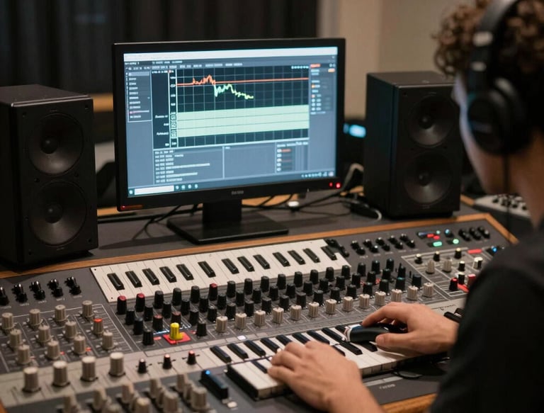 Interior of a cozy music studio with colorful Gaudí-inspired mosaic patterns on the walls.
