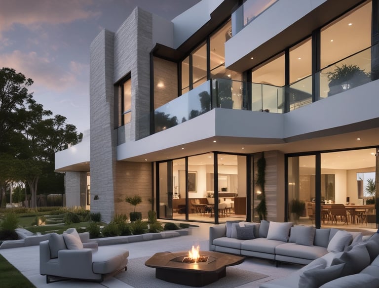 A wide-angle view of the modern svc indraprstha apartment complex bathed in warm evening light.