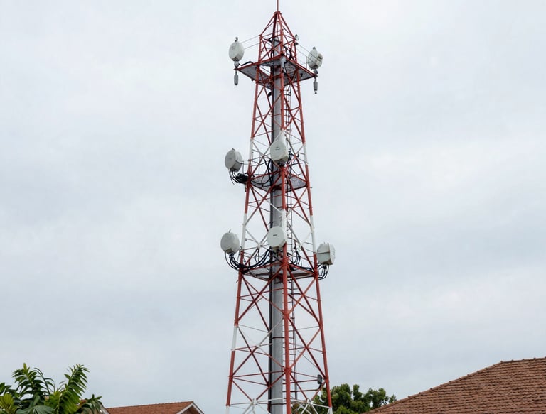 Modern office workspace with tech equipment and glowing circuit patterns on navy blue walls.