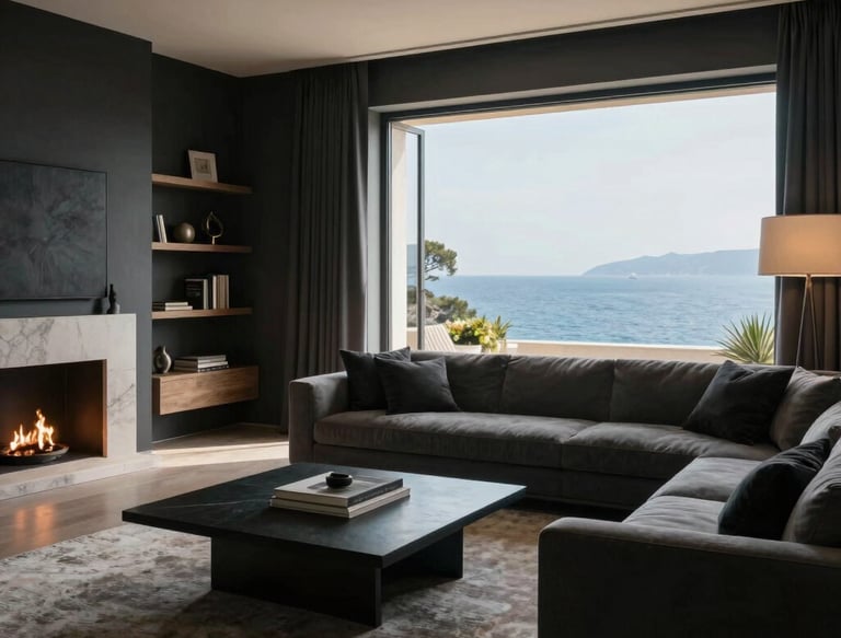 Luxurious living room with sparkling clean sofa and golden accents reflecting premium service.