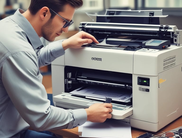 a man in a blue shirt is standing in front of a printer