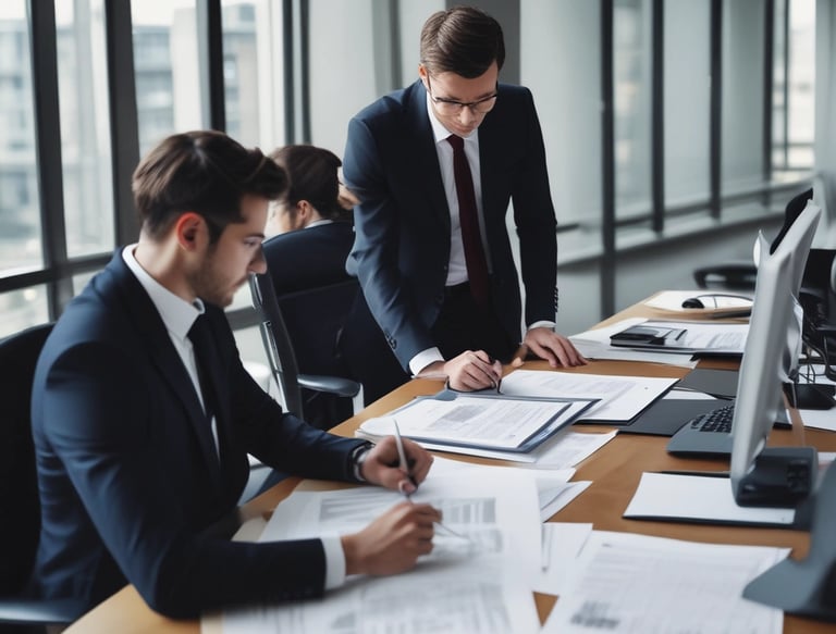 Young professionals collaborating over international trade documents in a modern office.