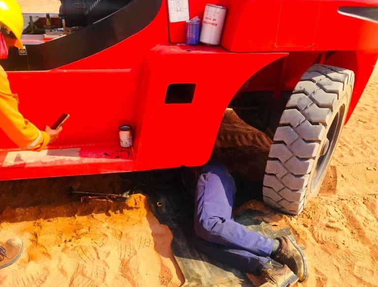 A heavy equipment mechanic performs maintenance under a red industrial forklift in a sandy desert site.