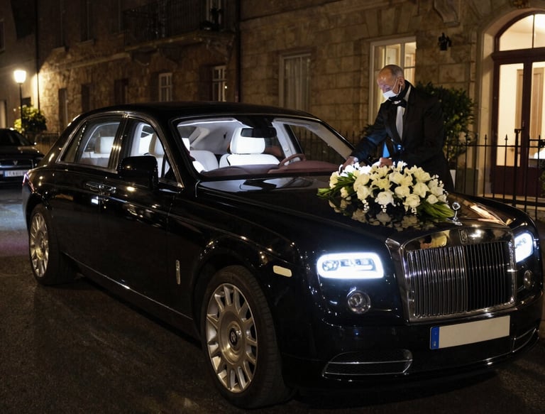 A chauffeur in a tuxedo arranges wedding flowers on a black Rolls-Royce luxury VIREMONT CHAUFFUER 