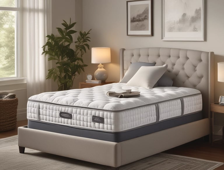 A cozy bedroom featuring a luxurious Simmons mattress with soft natural lighting.