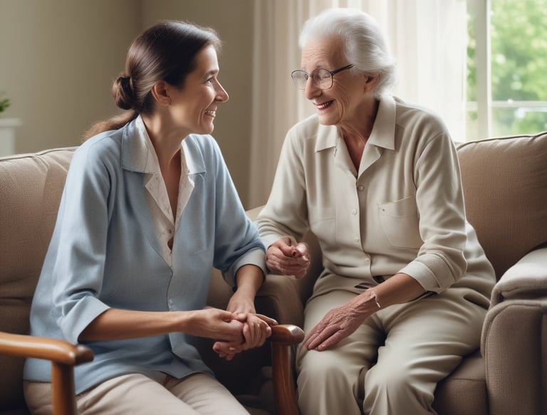 A group of elderly caregivers warmly interacting with senior citizens in a bright, modern home setting.